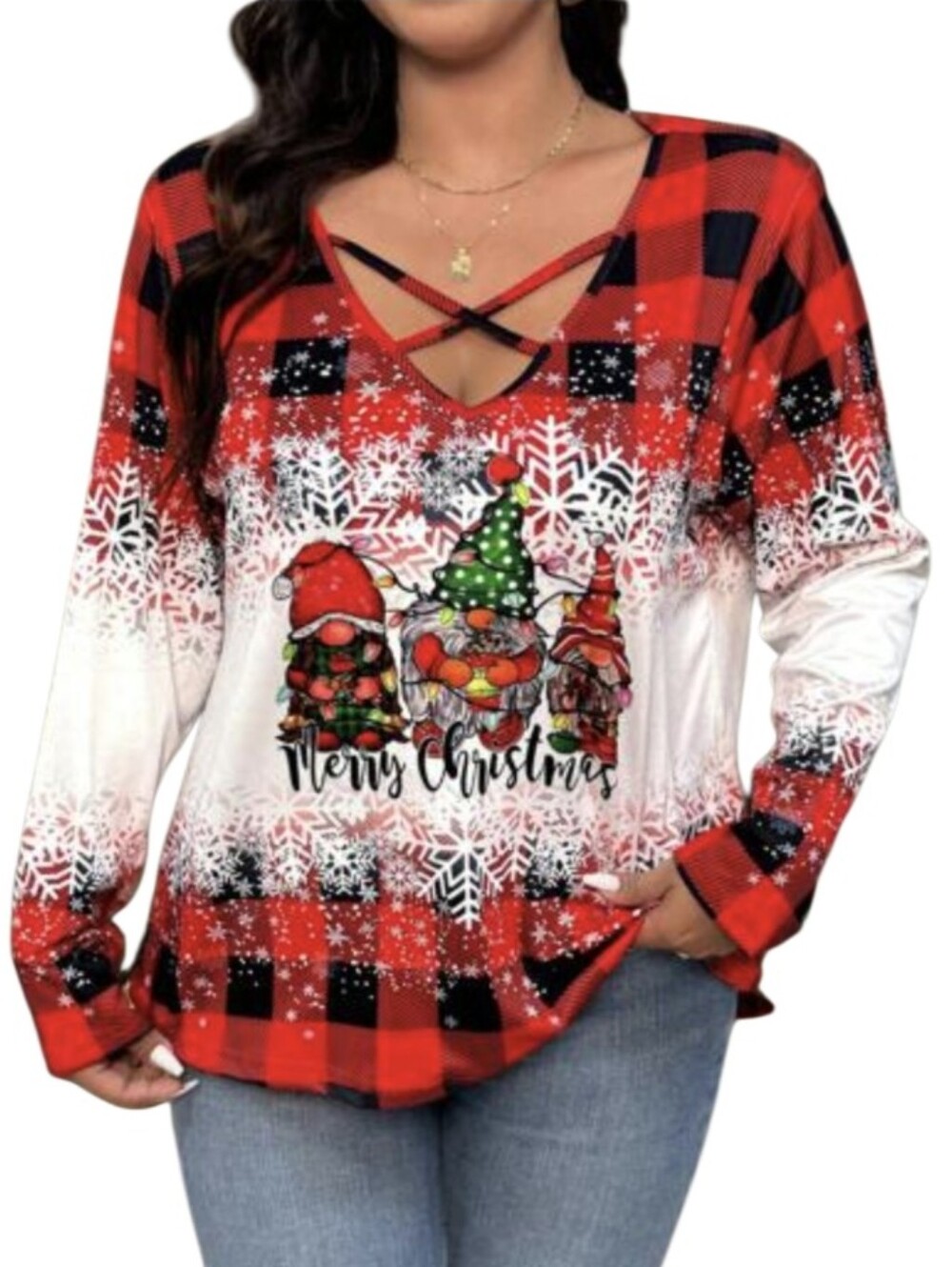 #K140 Women's Red Plaid Merry Christmas Gnome Long Sleeve Top